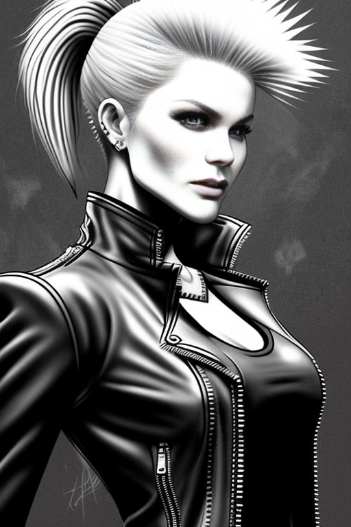 monochrome  drawing   Meghan Markle  Julie Bowen hybrid as a punk with mohawk and leather jacket and spikes by WoD1  <hype...